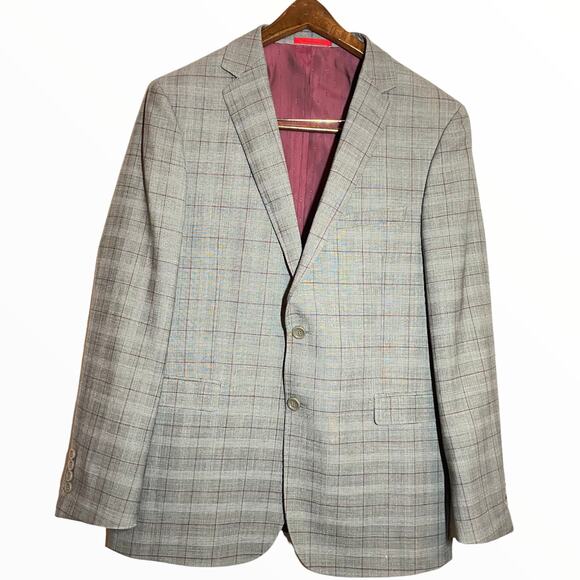 Super 150's 100% Australian Wool 2 Piece Suit Plaid Gray Red 54R